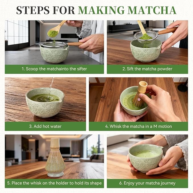 Matcha Whisk Set, Japanese Tea Ceremony Utensils (8 PCS) with Matcha Bowl with Spout (19 oz), Bamboo Whisk, Scoop, Holder, Sifter, Tea Towel – Authentic Matcha Set & Gift Box (Green)