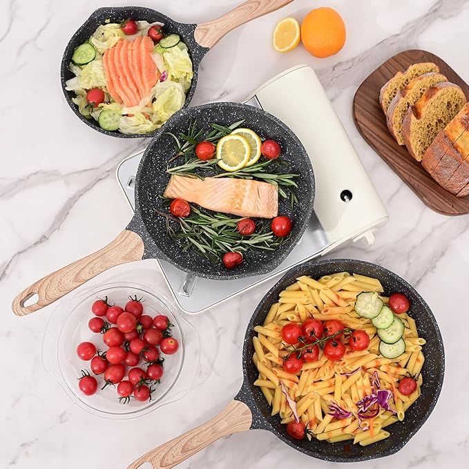 JEETEE Non Stick Frying Pan Set, Frying Pans Nonstick, Omelette Skillet with Soft Touch Handle, 3-Piece Cookware Set 8 Inch 9.5 Inch 11 Inch