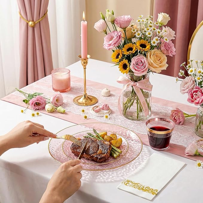 Rubtlamp 350 Pcs Clear Pink Plastic Plates, Pink Gold Plastic Dinnerware Set (50 Guests), Disposable Plates With Gold Rim, Hammered Party Plates Set for Wedding And Party