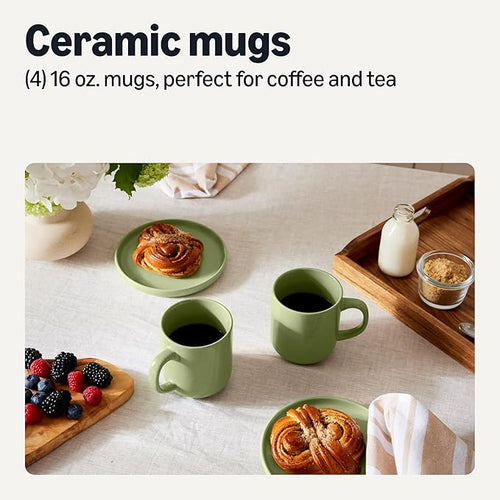 Amazon Basics Glazed Stoneware Coffee Mugs, Ceramic 4-Piece Set, 16 oz, Microwave and Dishwasher-Safe, Olive