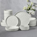 E-far 16-Piece Plates and Bowls Sets with Pasta Bowls - Stoneware Dinnerware Set for 4, Modern Ribbed Speckled White Dishes, Microwave & Dishwasher Safe