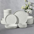E-far 16-Piece Plates and Bowls Sets with Pasta Bowls - Stoneware Dinnerware Set for 4, Modern Ribbed Speckled White Dishes, Microwave & Dishwasher Safe