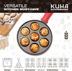 KUHA Cast Iron Aebleskiver Pan | Pre-Seasoned Pan for Authentic Danish Pancake Making, Poffertjes, Takoyaki, Appam & Paniyaram | Silicone Handle, Oven Mitt & Bamboo Skewers Included | 7.9" Diameter