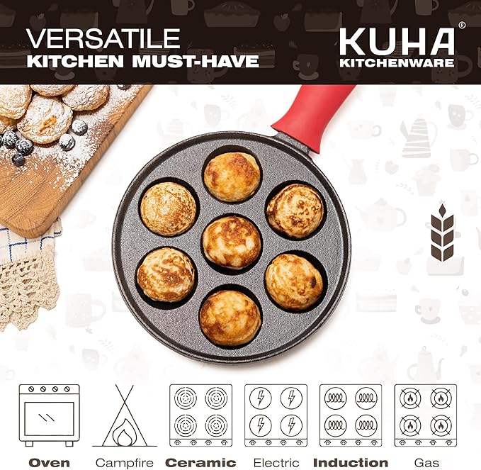 KUHA Cast Iron Aebleskiver Pan | Pre-Seasoned Pan for Authentic Danish Pancake Making, Poffertjes, Takoyaki, Appam & Paniyaram | Silicone Handle, Oven Mitt & Bamboo Skewers Included | 7.9" Diameter