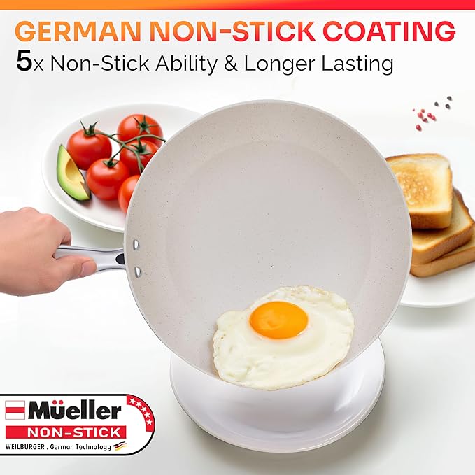 Mueller Frying Pan, Heavy Duty German Stone Coating Non Stick Frying Pans, No PFOA or APEO, Paella Pan, Dishwasher and Oven Safe, Even Heat Distribution, Cool Stainless Steel Handle, Light Grey