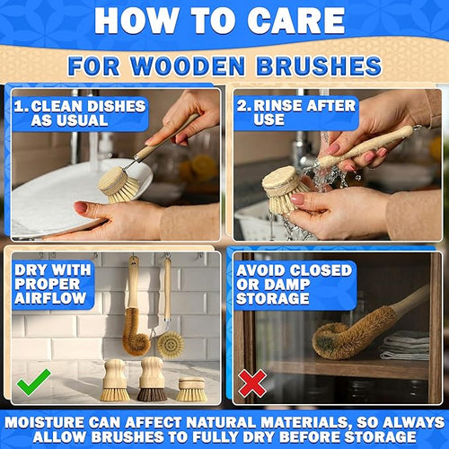 5 Pcs Bamboo Dish Brush Set – Bamboo Dish Scrubber with Soft & Stiff Non-Scratch Bristles, Ergonomic Handle, Replacement Head Included – Lightweight Kitchen Scrubber for Pots, Bottles & Vegetables