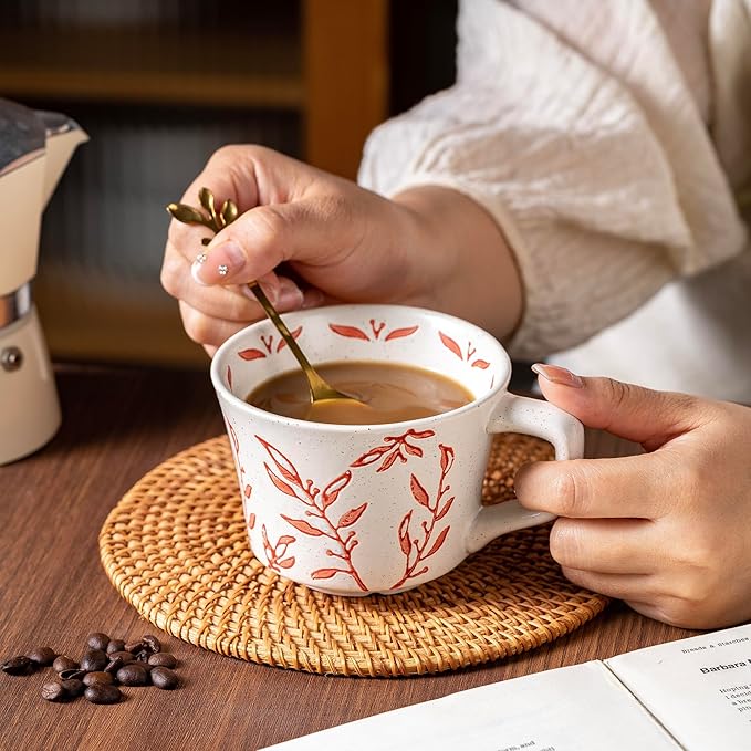 Ceramic Mugs 11 oz Unique Luxurious Cups Set of 4, Mug for Coffee Milk Latte Cappuccino Tea, Office Home Dishwasher Microwave Freezer Safe Stoneware Handmade Minimalist Mixed Cup