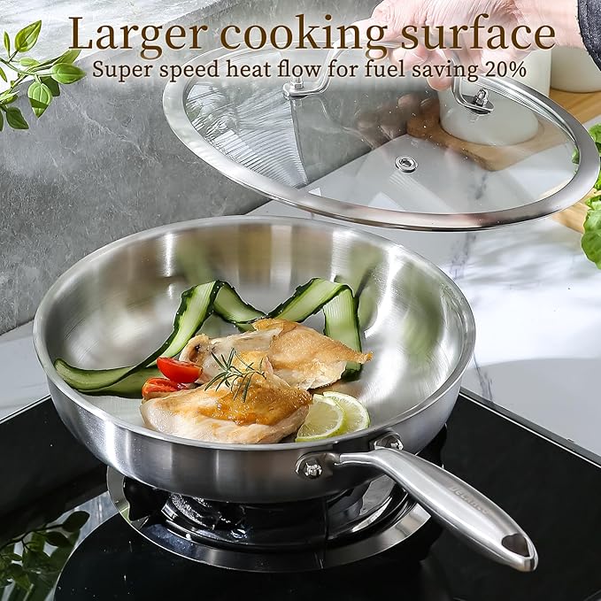 DELARLO Tri-Ply Stainless Steel Pan, 18/10 Frying Pan, Oven Safe Up to 600°F, Nontoxic Cookware, Compatible with All Cooktops Skillet, Durable, Fast Even Heat Fry Pan,10inch Steel Pan with Glass Lids