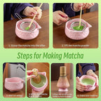 TEANAGOO 7-PCS Pink Matcha Whisk Set with Cherry Blossom Design, Complete Ceremony Kit, Ceramic Chawan Bowl with Spout, Whisk & Accessories, Traditional Matcha Tea Set for Lattes& Gift Giving