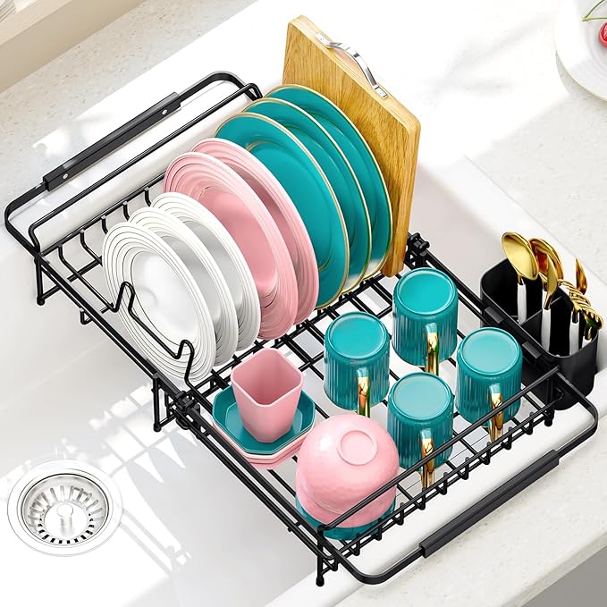 Urackify Expandable in Sink Dish Drying Rack - Adjustable Dish Rack Over Sink, Rustproof Dish Drainer for Kitchen Counter, Dish Strainer with Utensil Holder, Fit Kitchen for 13"-18"