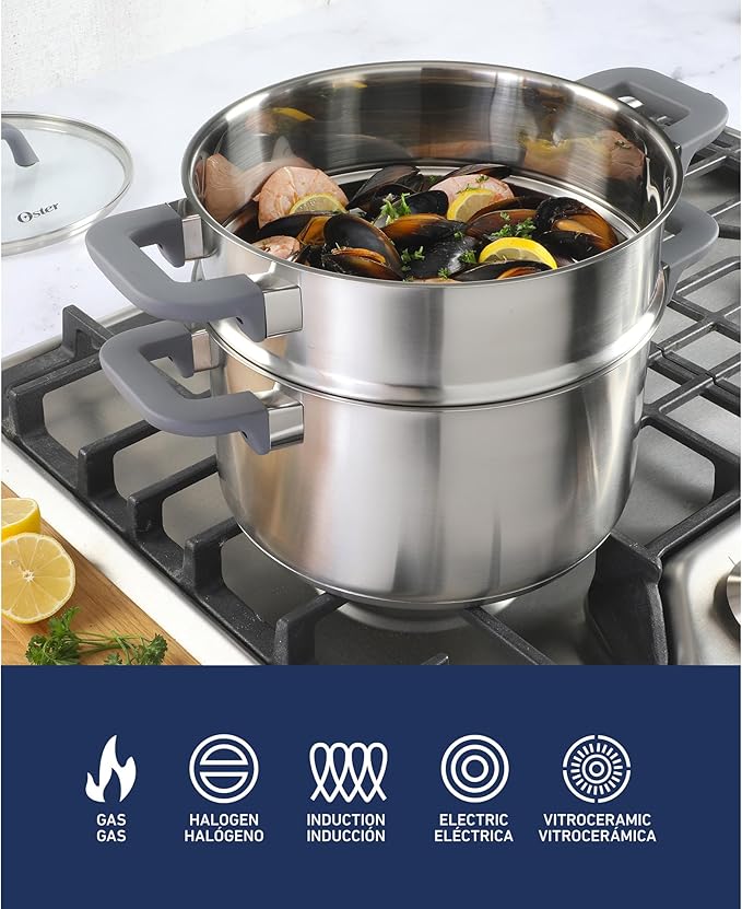Oster Beauford 9-Piece Stainless Steel 5-Ply Encapsulated Base Cookware Set – Non-Toxic, Induction Compatible Pots and Pans with Stay-Cool Handles – Dishwasher Safe