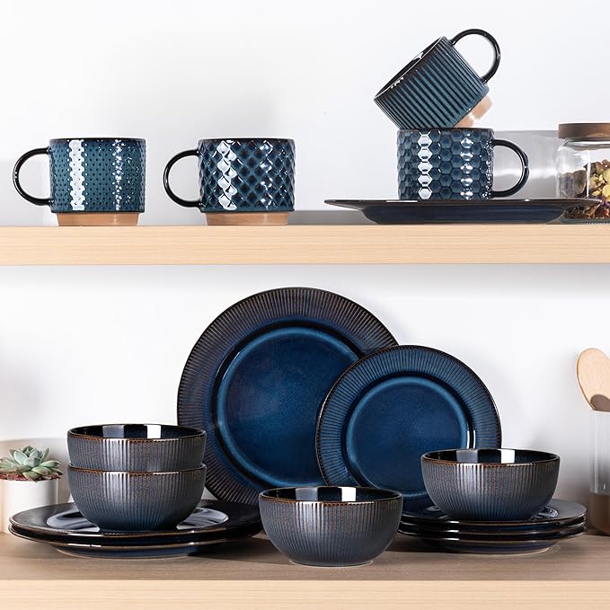 GBHOME Ceramic Dinnerware Sets,12 pcs Embossed Elegant Stoneware Plates and Bowls Sets, Housewarming Wedding Gift | Dishwasher & Microwave Safe | Dishes Set Service for 6