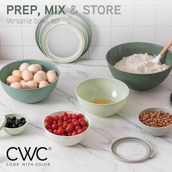 COOK WITH COLOR Mixing Bowls with Lids - 12 Piece Plastic Nesting Bowls Set includes 6 Prep Bowls and 6 Lids, Microwave Safe Mixing Bowl Set, Sage Rhombus