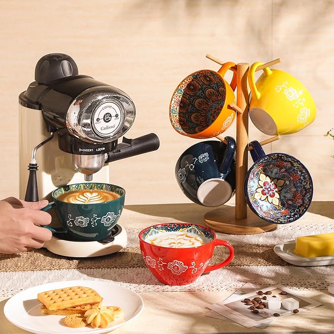Coffee Mug Set of 6, 15 oz Boho Coffee Mug Ceramic with Handle, Porcelain Tea Cups Set, 6 Pcs Coffee Cups for Cappuccino and Latte, Microwave & Dishwasher Safe, Ideal Gift for Family/Friend