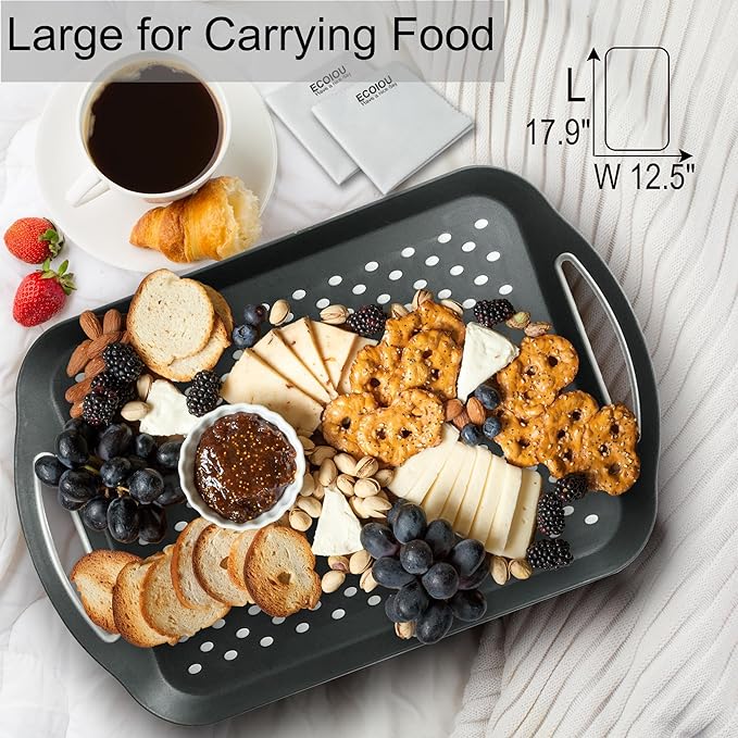 ECOIOU Larger Nonslip Food Serving Tray, 17.9'' x 12'' Grippy Handles Surface Bottom Design, Perfect Trays for Eating, Lap, TV, Couch, Black, Set of 2