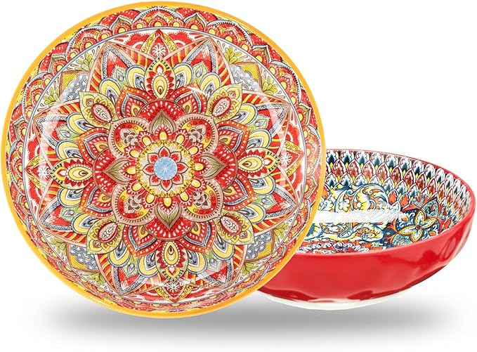 Boho Large Serving Bowls, 10.2 Inch Fruit Salad Bowls, Decorative Serving Dishes for Entertaining, 80 OZ Pasta Bowls Set of 2, Vibrant Colorful Soup Bowls for Party, Home Decor, Bohemian Style Gift