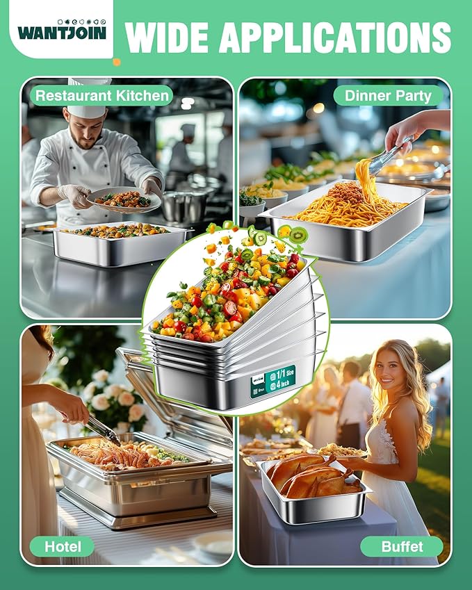 WantJoin Steam Table Hotel Pans 1/1 Full Size 4 Inch Deep 6 Pack, Stainless Steel Metal Tray Sets Food Storage Container for Restaurant Chafing Dishes Commercial Buffet Catering Supplies
