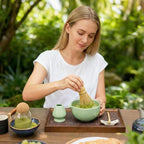 Matcha Whisk Set 5 Pcs, Matcha Kit Set Includes Matcha Bowl, Matcha Whisk and Holder, Bamboo Scoop and Sifter, Ceramic Matcha Set, Matcha Tea Set, Ideal Gift for Family/Friend (Cyan)