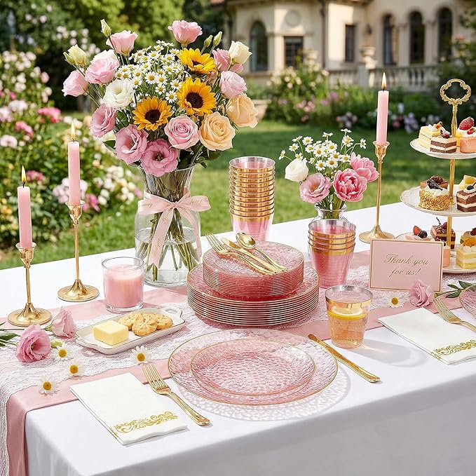 Rubtlamp 350 Pcs Clear Pink Plastic Plates, Pink Gold Plastic Dinnerware Set (50 Guests), Disposable Plates With Gold Rim, Hammered Party Plates Set for Wedding And Party