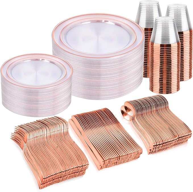 bUCLA 300PCS Rose Gold Plastic Dinnerware - Clear Dinnerware Set Disposable Include 50 Dinner Plates,50 Dessert Plates,50 Knives,50 Forks,50 Spoons,50 Cups for Party, Wedding & Mother's Day