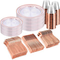 bUCLA 300PCS Rose Gold Plastic Dinnerware - Clear Dinnerware Set Disposable Include 50 Dinner Plates,50 Dessert Plates,50 Knives,50 Forks,50 Spoons,50 Cups for Party, Wedding & Mother's Day
