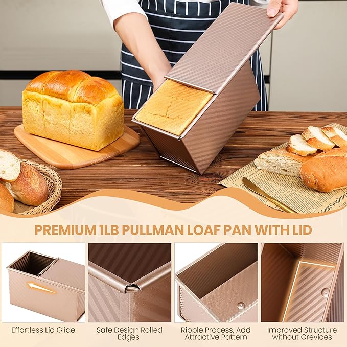Pullman Loaf Pan with Lid, Premium 1 lb Dough Sandwich Nonstick Bread Pan with Lid for Homemade Bread, Heavy Duty Carbon Steel Corrugated Pullman Toast Box with Cover for Baking, Bakeware
