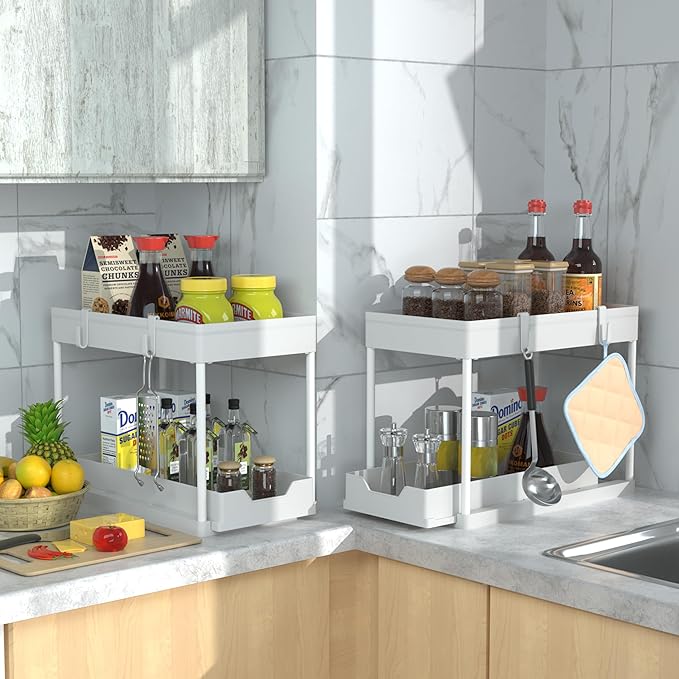 Under Sink Organizer -2 PACK|Pull Out Bathroom Organizer|2 Tier Slide Out Bathroom/Kitchen Organiers and Storage. (2 PACK White)
