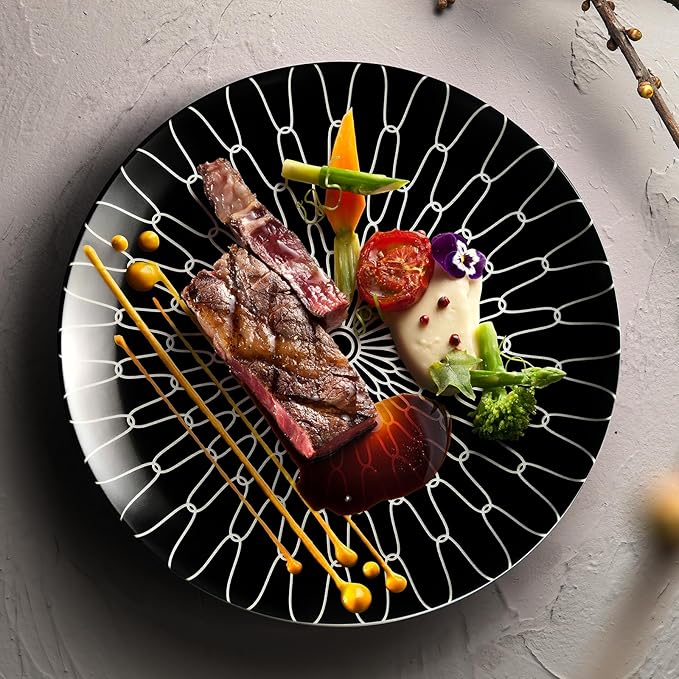 8-Inch Salad Plates Set of 6, Black White Grid Pattern Ceramic Plates, Checkerboard Design for Lunch, Pasta & Salad, Microwave & Dishwasher Safe