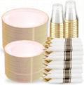 KIRE 350 PCS Pink Plastic Plates - Pink and Gold Disposable Dinnerware 50 Guest Include 50 Dinner Plate - 50Dessert Plate - 50Pre Rolled Napkins with Silverware for Mother's Day/Wedding/Baby Shower
