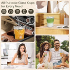 13oz Iced Coffee Cups,4Pcs Glass Cups with Lids and Straws Drinking Glasses,Clear Ribbed Glassware,Reusable Tumbler Glass to Go Cup for Matcha, Iced Tea,Juice