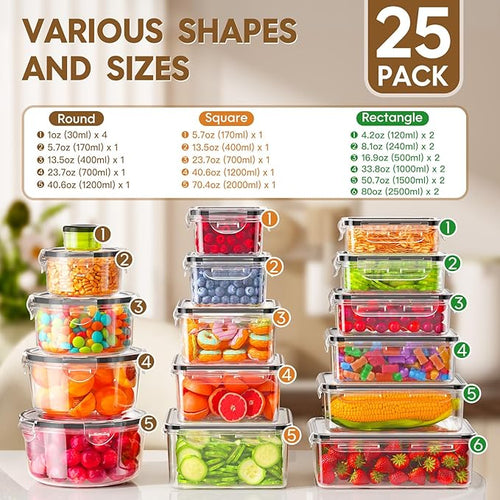 50 PCS Food Storage Containers with Lids Airtight (25 Containers & 25 Lids), 100% Leak Proof Meal Prep Container for Kitchen, BPA-Free Plastic(Polypropylene5), Microwave/Dishwasher Safe, Labels & Pen