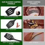Camping Essentials Cookware Cooking Utensils Set - Portable Camp Kitchen Mess Kit Outdoor Accessories, Stainless Steel & Silicone, Camping Gear Equipment for RV Picnic Grill,Black