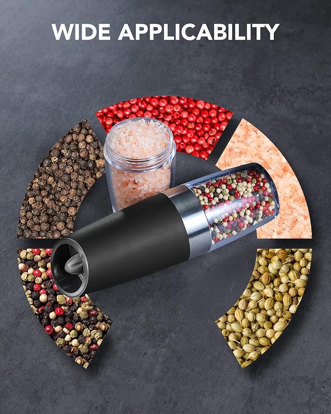 FORLIM Gravity Electric Salt and Pepper Grinder Set, Automatic Pepper Grinder Shakers Mill, Upgraded Batteries Powered Adjustable Coarseness with LED, One Hand Operation Perfect for Kitchen(Black)