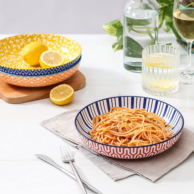 KitchenTour Pasta Bowls 26 Ounce, Porcelain Salad Bowls Serving Bowls Set of 6, 8 inch Ceramic Soup Bowls Dinner Bowls, Dishwasher and Microwave Safe, Assorted Colors