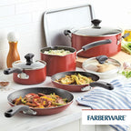 Farberware Cookstart DiamondMax Nonstick Cookware/Pots and Pans Set, Dishwasher Safe, Includes Baking Pan and Cooking Tools, 15 Piece - Red