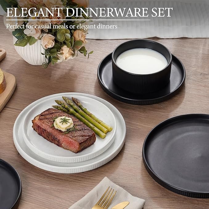 E-far 12-Piece Plates and Bowls Sets, Stoneware Dinnerware Dishes Sets for 4, Chip & Scratch Resistant Ribbed Dish Set for Home Restaurant, Microwave & Dishwasher Safe Speckled White & Matte Black