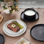 E-far 12-Piece Plates and Bowls Sets, Stoneware Dinnerware Dishes Sets for 4, Chip & Scratch Resistant Ribbed Dish Set for Home Restaurant, Microwave & Dishwasher Safe Speckled White & Matte Black
