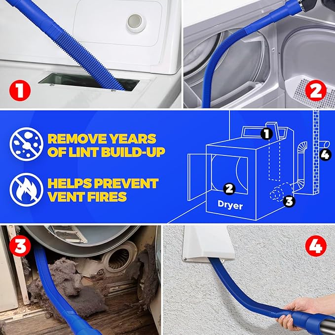 Holikme 2 Pieces Dryer Vent Cleaner Kit, Dryer Lint Vacuum Attachment and Flexible Dryer Lint Brush, Dryer Vent Vacuum Hose Attachment,Dark Blue