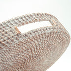 14" Round Rattan Tray, Hand Woven Serving Tray with Handles, Wicker Serving Basket, Decorative Tray for Home Decor, Whitewash
