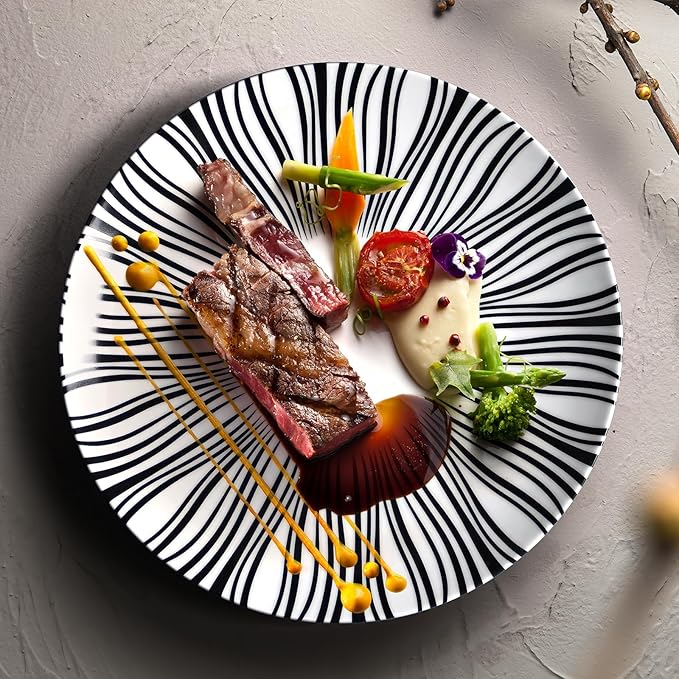 8" Black and White Striped Ceramic Plates Set of 6, Zebra Pattern Salad Plates Set, Minimalist Porcelain Dish Set, Microwave, Oven & Dishwasher Safe