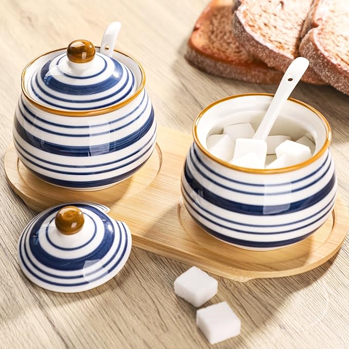 Sugar Bowl Set of 2,Ceramic Sugar Bowl with Lids and Spoon & Wooden Tray,Sugar Jars for Coffee Bars and Home Kitchens(2, Large)