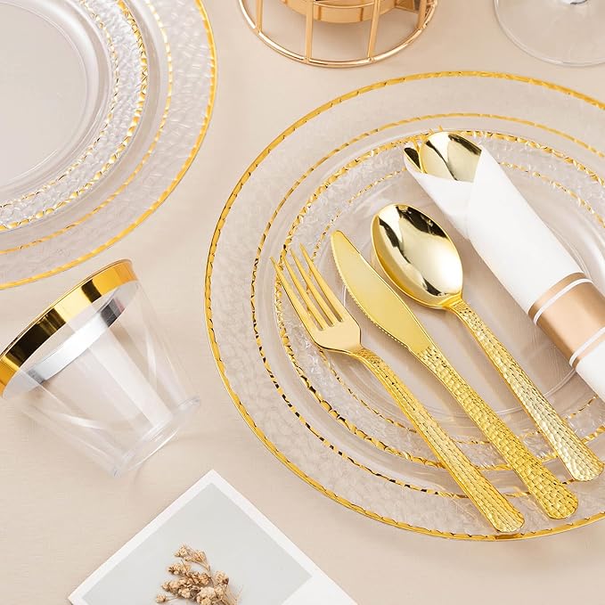 Bestluck 175PCS Clear Plastic Plates with Gold Trim for 25 Guests, Disposable Dinnerware Set for Party & Wedding, Includes 50 Plastic Plates, 25 Pre Rolled Napkins with Gold Silverware, 25 Cups