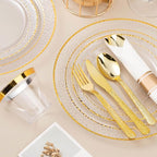 Bestluck 350PCS Clear Plastic Plates with Gold Trim for 50 Guests, Disposable Dinnerware Set for Party & Wedding, Includes 100 Plastic Plates, 50 Pre Rolled Napkins with Gold Silverware, 50 Cups