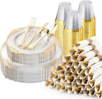 Bestluck 350PCS Clear Plastic Plates for 50 Guests, Disposable Dinnerware Sets Include 50 Gold Rim Plastic Plates, 25 Silverwares, 25 Cups, and 25 Pre Rolled Napkins for Party, Wedding and Graduation