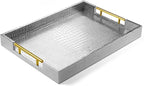 ATZYmolin 17" x 12" Wood Serving Tray with Gold Polished Metal Handles, Home Decorative Wooden Rectangle Ottoman Leather Decor Platter Bathroom Vanity Tray for All Occasions Alligator Silvery