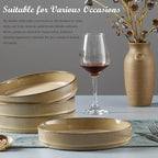 E-far Pasta Bowls Set of 4, 35oz Large Salad Bowl Plate for Dinner Serving, Wide & Shallow Ceramic Stoneware Pasta Plate, Microwave & Dishwasher Safe, Reactive Glaze Textured Stripe, Caramel Khaki