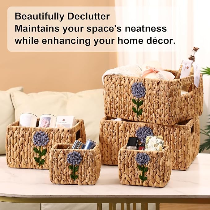 Set of 5 Water Hyacinth Pantry Baskets, Storage Baskets for Organizing, Cube Storage Bins for Shelves, Rectangle Storage Baskets with Handles, Woven Baskets for Storage - Floral