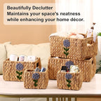 Set of 5 Water Hyacinth Pantry Baskets, Storage Baskets for Organizing, Cube Storage Bins for Shelves, Rectangle Storage Baskets with Handles, Woven Baskets for Storage - Floral