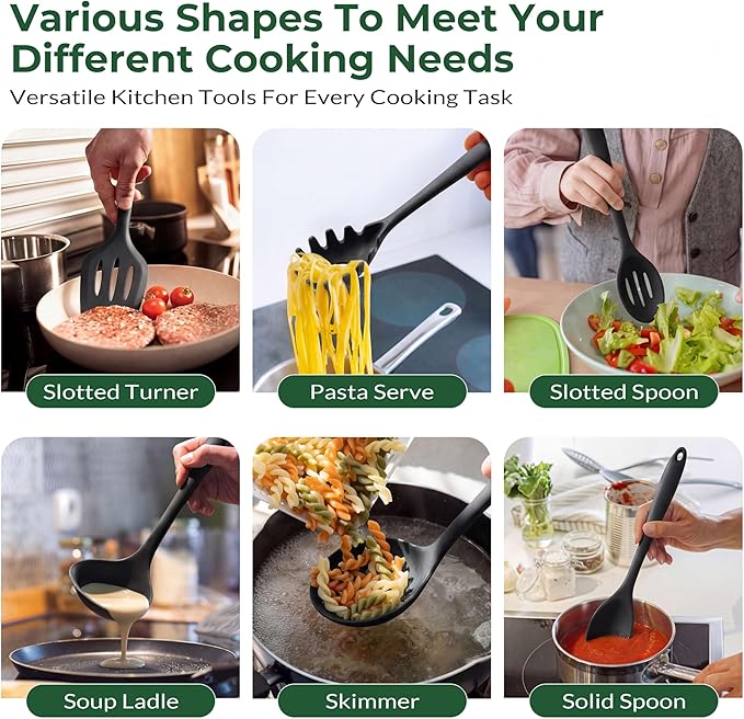 TeamFar Silicone Cooking Utensils Set of 6, Heat Resistant Kitchen Utensils, Spatula Ladle Spoon Pasta Server for Non-stick Cookware, Non-Toxic & One-Piece, Non-Scratch & Dishwasher Safe, Black