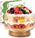 Prikoi 155oz Large Trifle Bowl with Wood Stand, Clear Glass for Displaying Layered Dessert, Salads, Fruit, Modern Design Food Storage Container, Elegant for Party, Holiday, Housewarming Gift